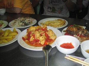 Lunsjen som jeg delte med en malayisk familie på 5. Tofu i midten.